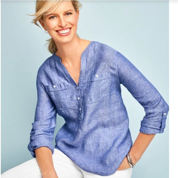 Talbots 100% Linen Camp Shirt Cross Dyed Blue Roll-up Sleeve Size Small - Picture 1 of 15